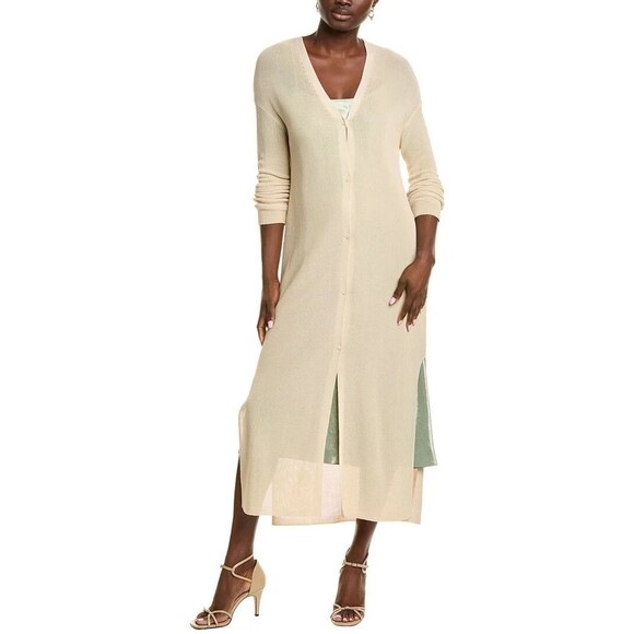 Lafayette New York 148 Tan Ribbed Cotton V Neck Front Button Duster Sweater Sz S - Picture 1 of 12